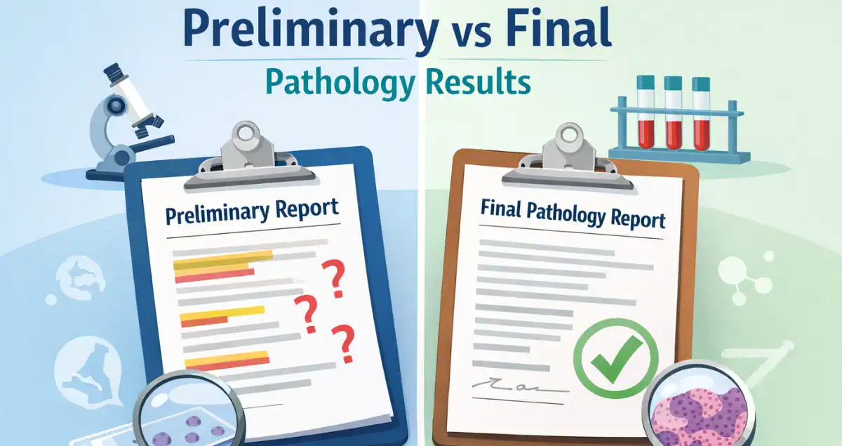 What is the difference between preliminary and final pathology results?