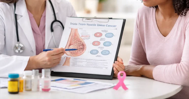 What does “triple-negative” mean beyond hormone status?