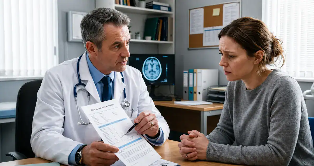 Doctor explaining a pathology report to a concerned patient during a consultation