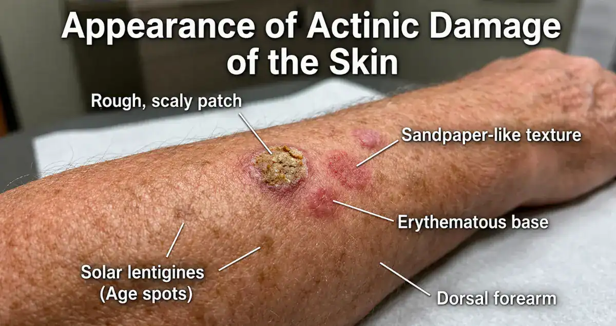 Actinic damage on the skin showing rough scaly patches, age spots, and sun-related changes on a forearm.