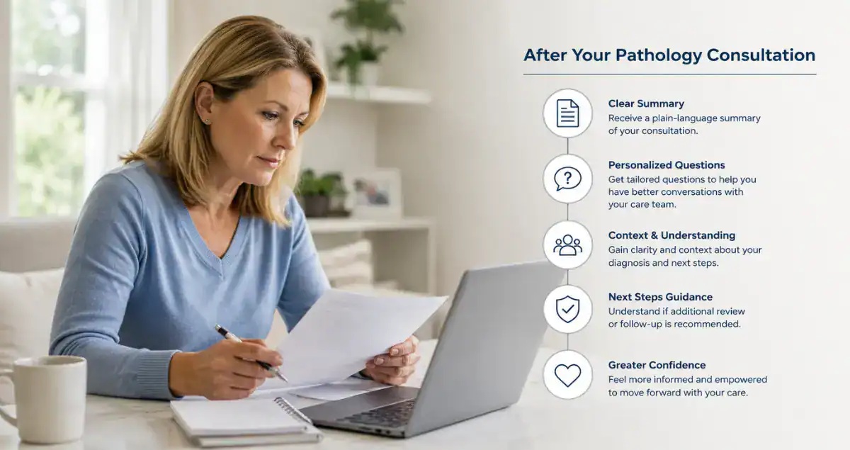 Patient reviewing pathology consultation summary and next steps at home with guidance from Honest Pathology