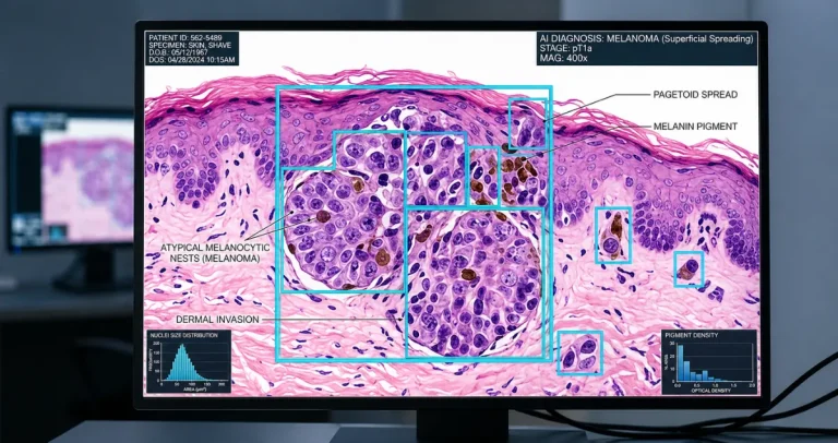 AI-powered analysis of a melanoma biopsy on a digital pathology screen with highlighted atypical nests, pigment, and invasion.