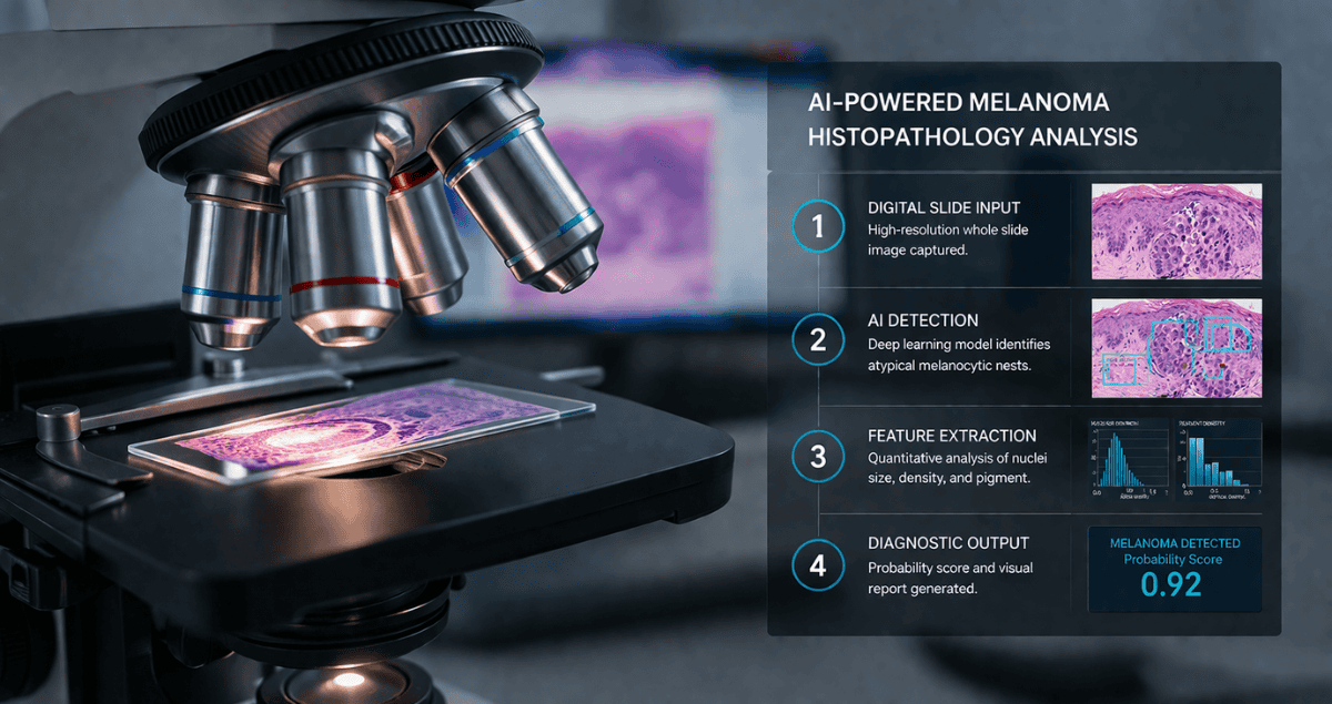 Infographic showing the AI-powered pathology workflow from slide input to melanoma detection and probability score.