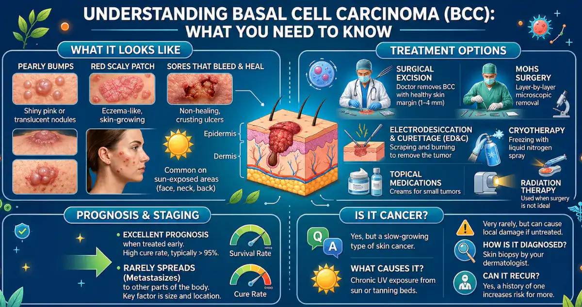 Educational infographic explaining basal cell carcinoma symptoms, treatment options, prognosis, and prevention