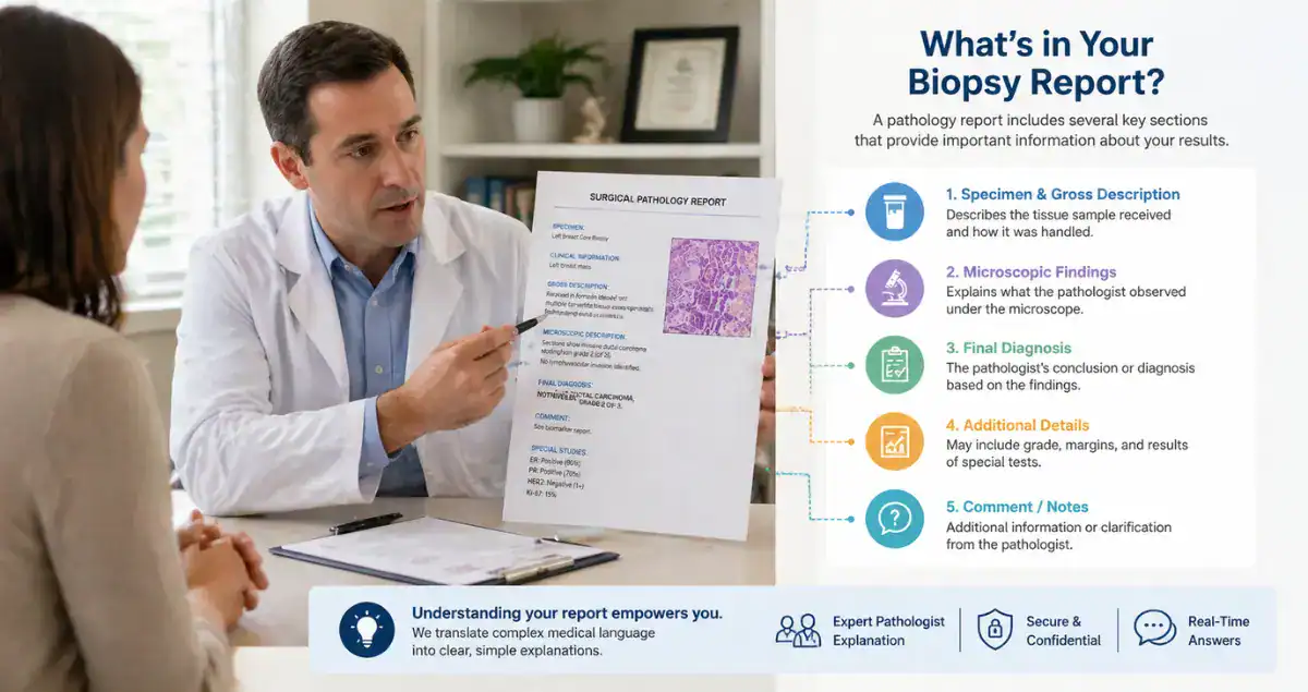 Infographic showing key parts of a biopsy report including diagnosis, findings, and additional details