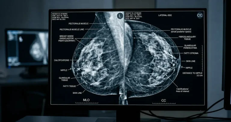 Mammogram showing breast tissue with labels indicating anatomical structures
