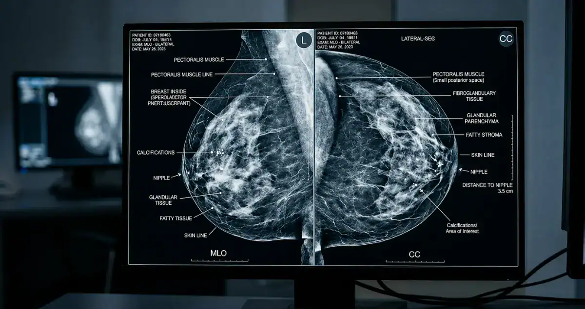 Mammogram showing breast tissue with labels indicating anatomical structures