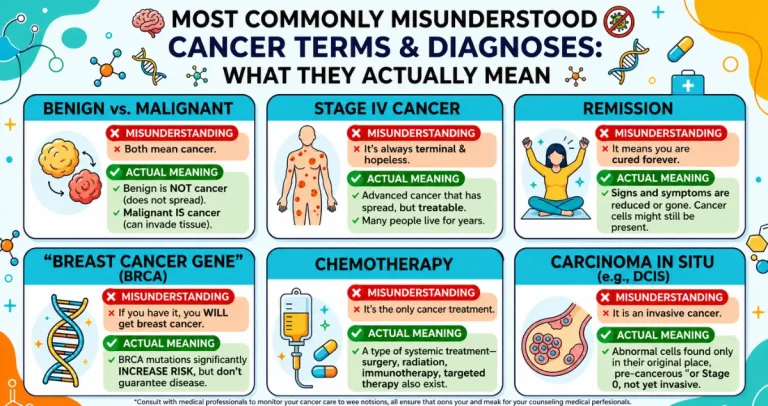 Infographic explaining commonly misunderstood cancer terms and diagnoses, including benign vs malignant, stage IV, remission, and BRCA mutations.