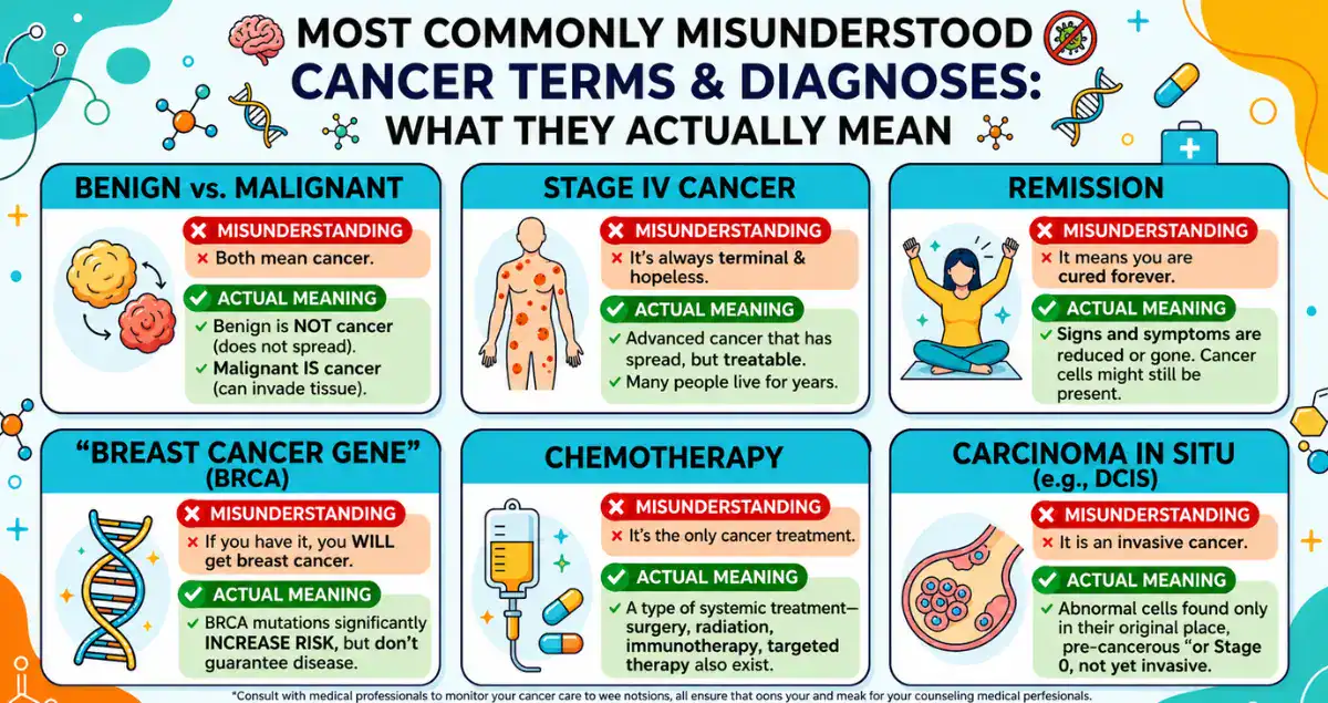 Infographic explaining commonly misunderstood cancer terms and diagnoses, including benign vs malignant, stage IV, remission, and BRCA mutations.