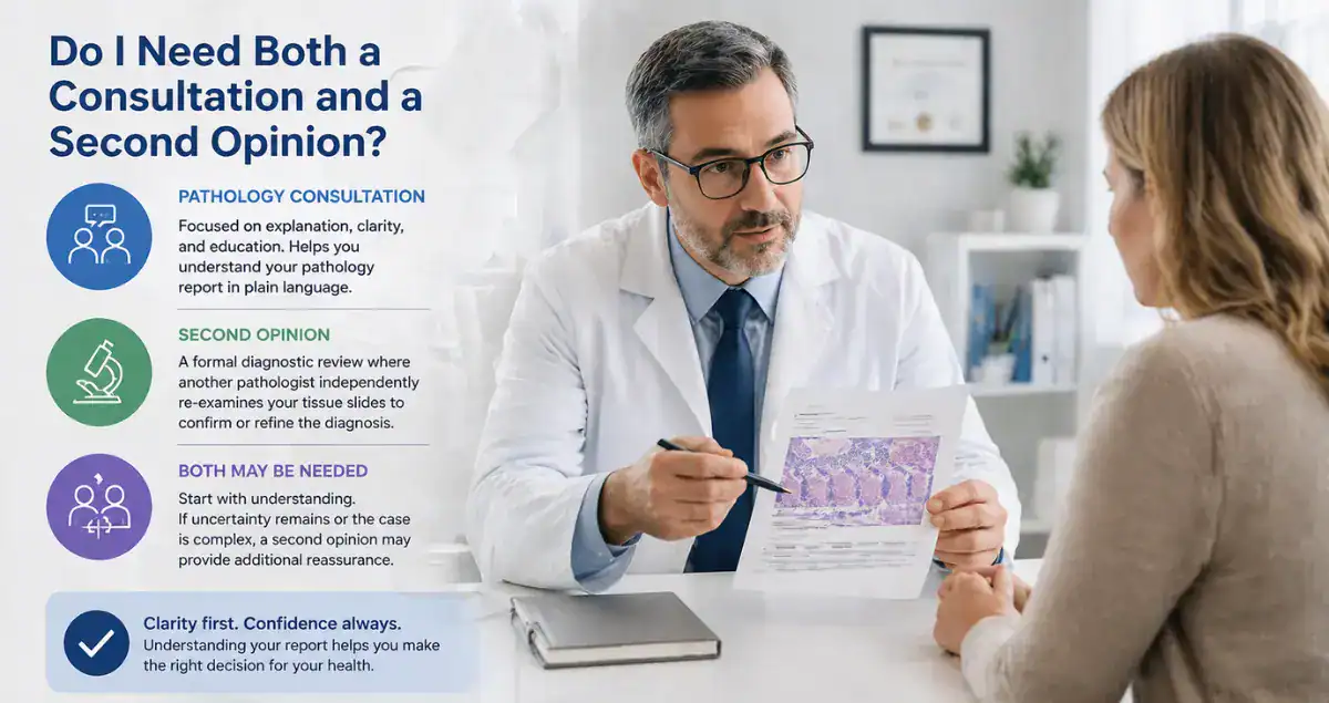 Pathologist explaining pathology report to patient during consultation about second opinion