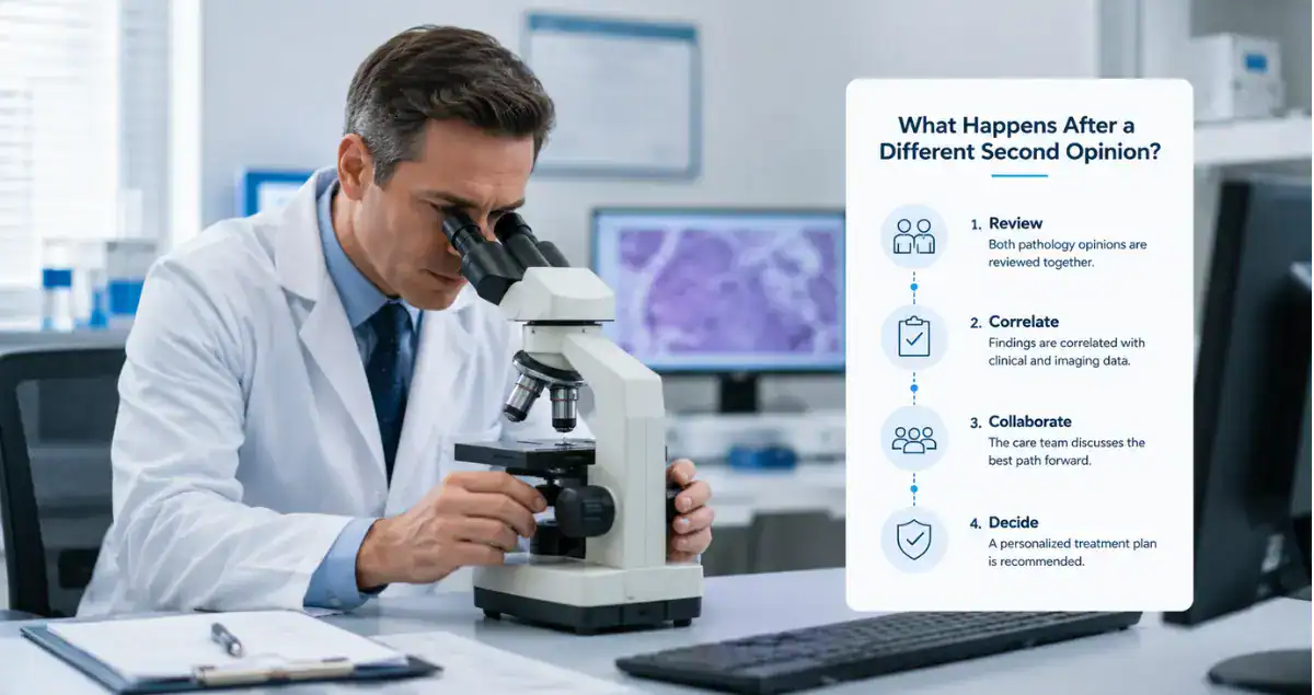 Pathologist reviewing tissue samples under a microscope alongside key steps for handling a different second pathology opinion at Honest Pathology.