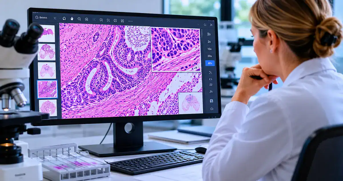 Digital pathology slide review on high-resolution monitors in a modern laboratory at Honest Pathology