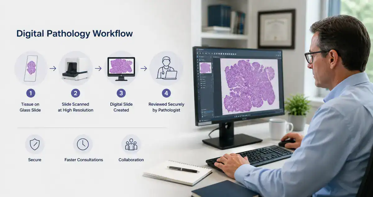 Digital pathology workflow showing slide scanning and remote pathology review at Honest Pathology