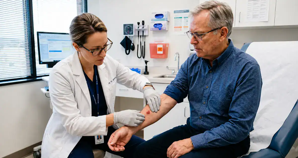 Doctor examining a patient’s forearm for possible actinic damage and sun-related skin changes.
