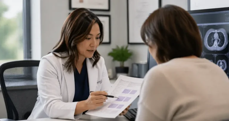 Doctor explaining cancer pathology report results to a patient during a medical consultation