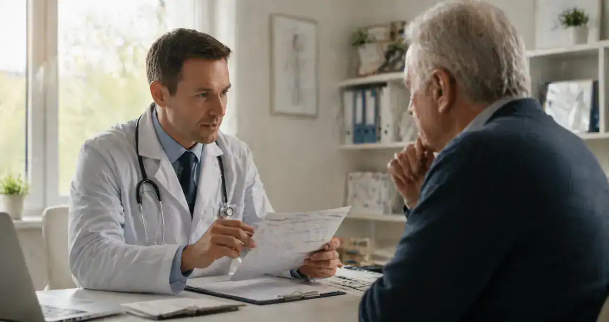 Doctor explaining pathology report review to an older patient during a medical consultation