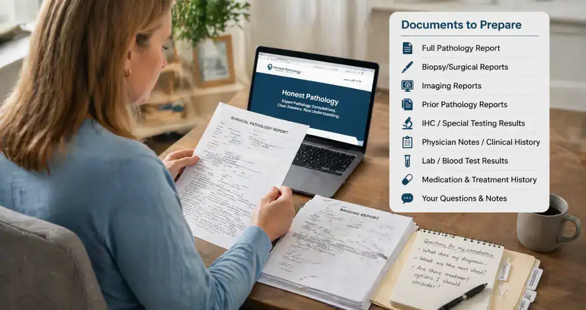 Patient reviewing pathology report and checklist of documents needed for Honest Pathology consultation