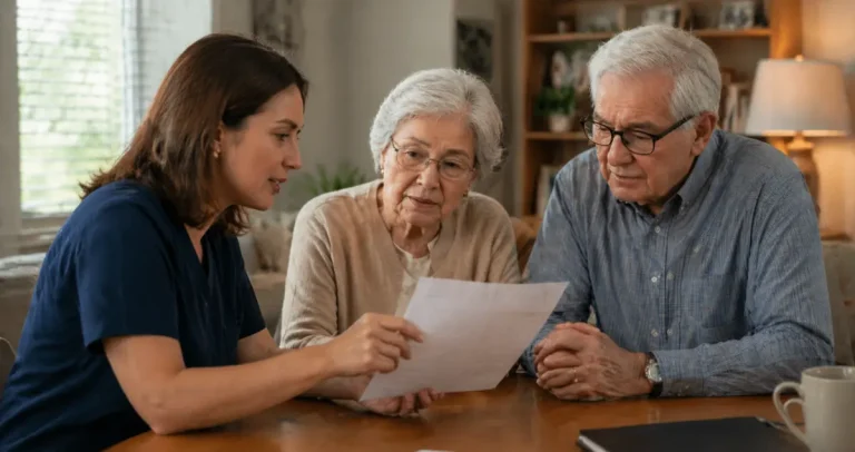 Doctor explaining pathology results to elderly parents at home in a calm and supportive conversation
