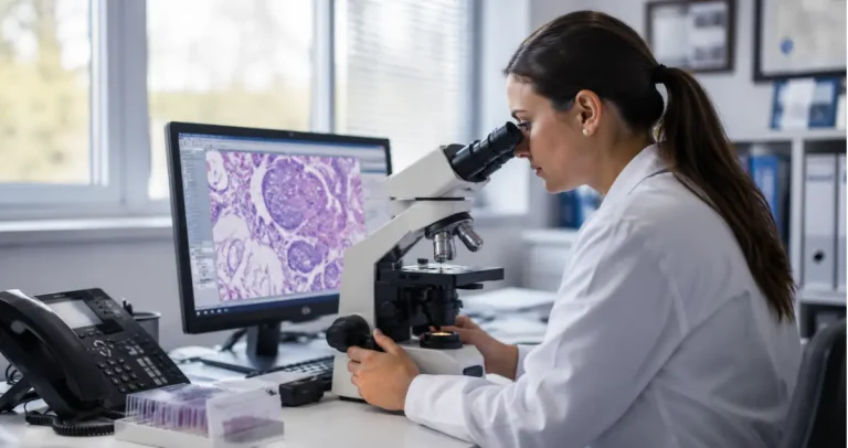 Pathologist reviewing cancer pathology slides and biopsy results in a modern laboratory at Honest Pathology