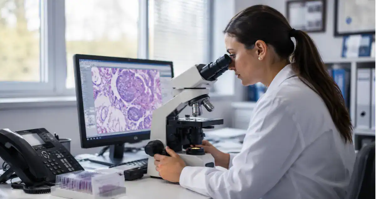 Pathologist reviewing cancer pathology slides and biopsy results in a modern laboratory at Honest Pathology