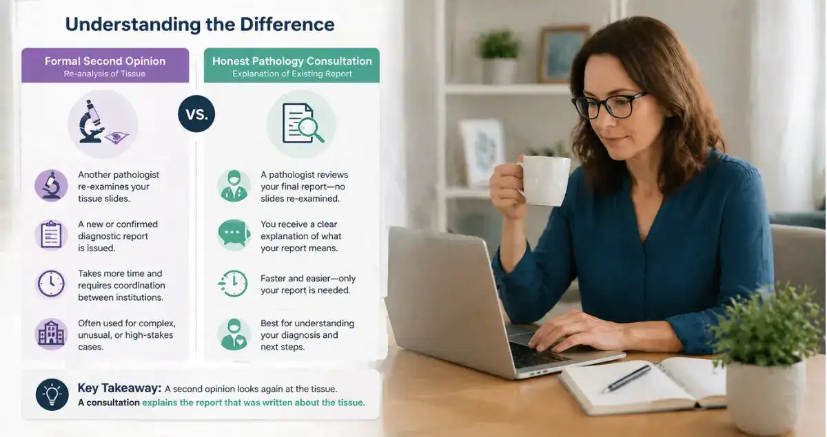 Comparison between formal second opinion and Honest Pathology consultation with patient using laptop