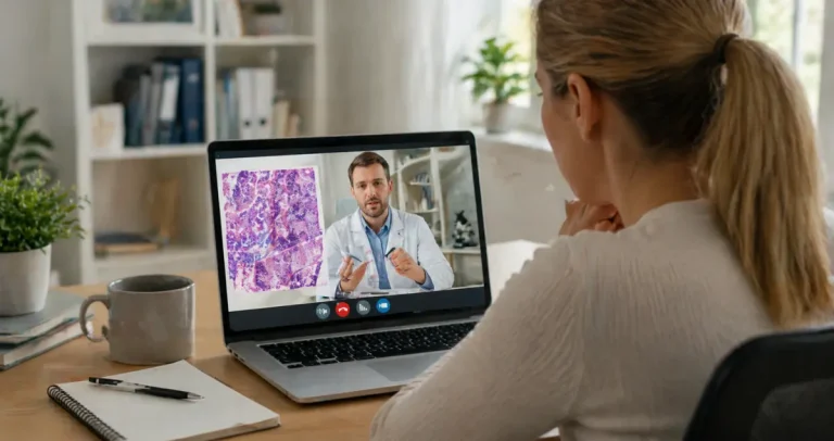 Patient attending virtual pathology consultation reviewing microscopic tissue image with pathologist on laptop