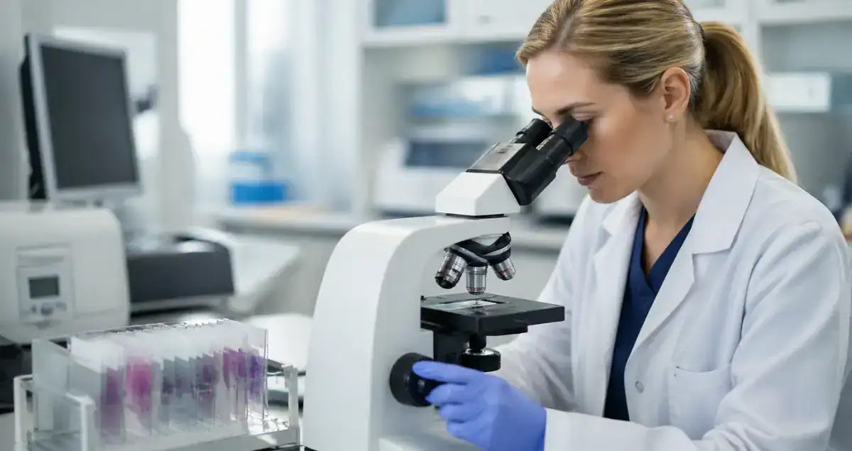 Pathologist at Honest Pathology examining biopsy slides under microscope for diagnostic review
