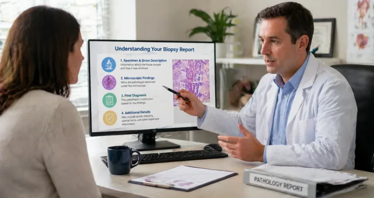 Pathologist explaining biopsy report sections to patient using screen during consultation