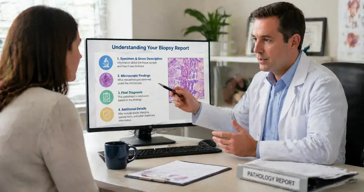 Pathologist explaining biopsy report sections to patient using screen during consultation