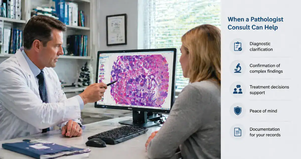 Pathologist explaining biopsy results to patient with visual guide showing benefits of consultation at Honest Pathology
