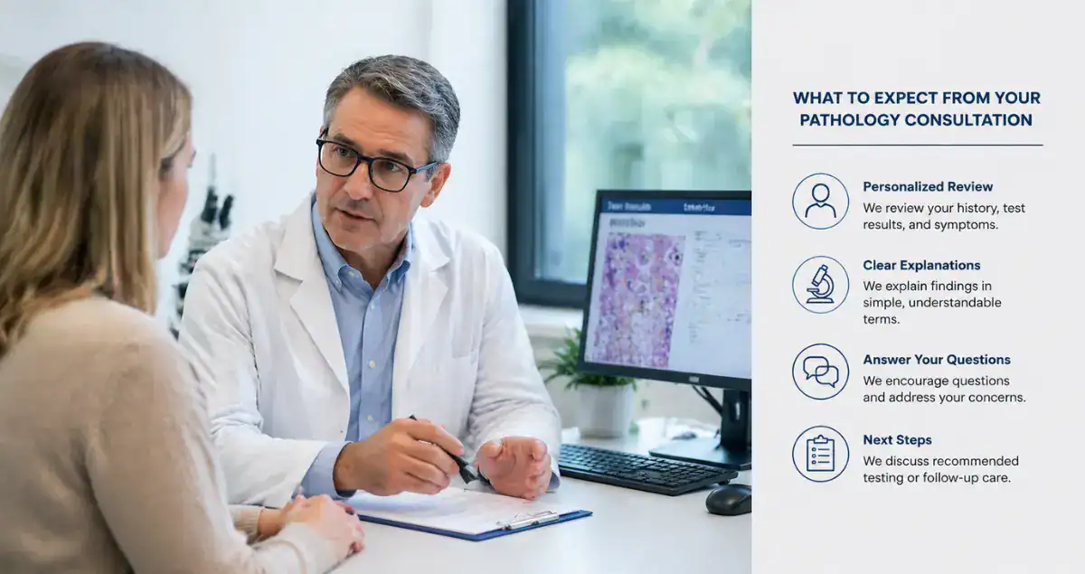 Doctor explaining pathology results and consultation steps to patient at Honest Pathology with visual guide