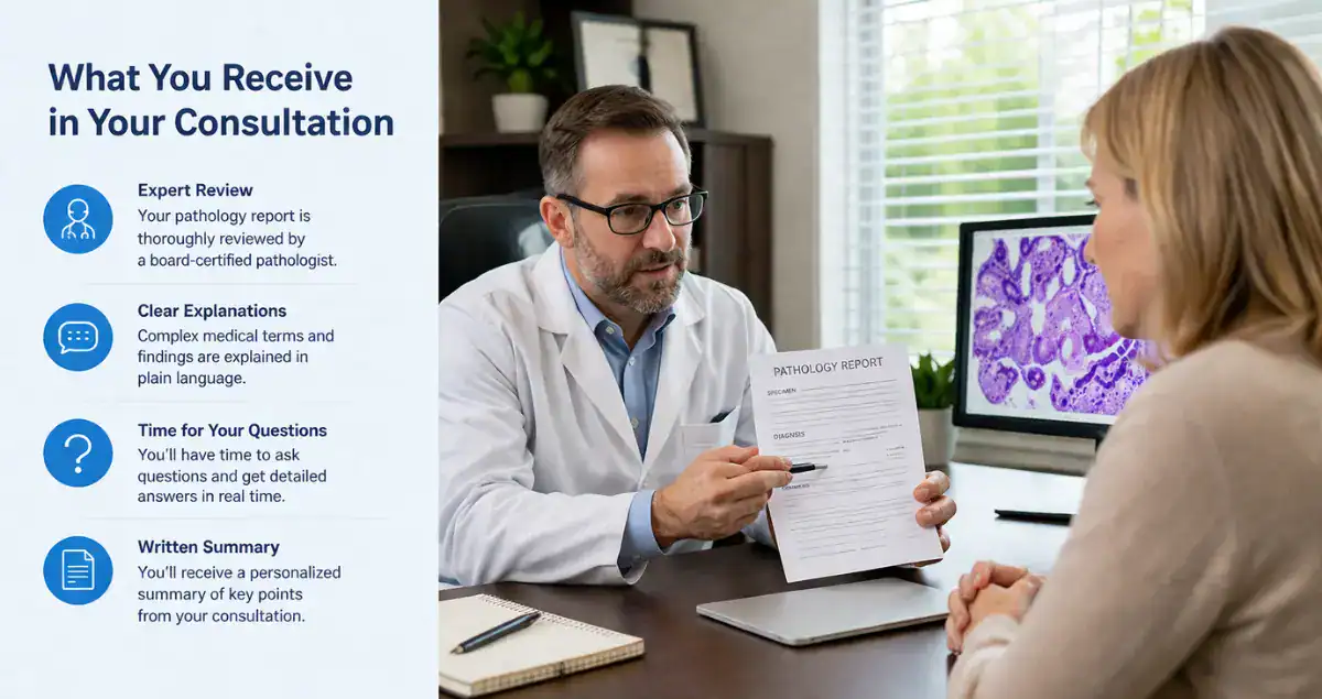 Pathologist explaining pathology report to patient during consultation with visual slides on screen