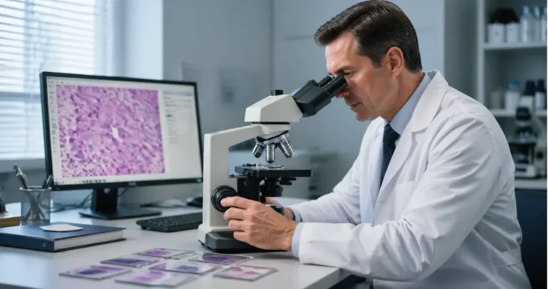 Pathologist at Honest Pathology examining tissue samples under microscope for direct patient consultation