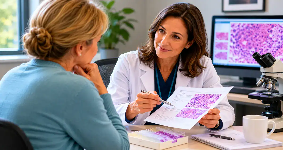 Doctor explaining a pathology report to a patient during a cancer consultation at Honest Pathology
