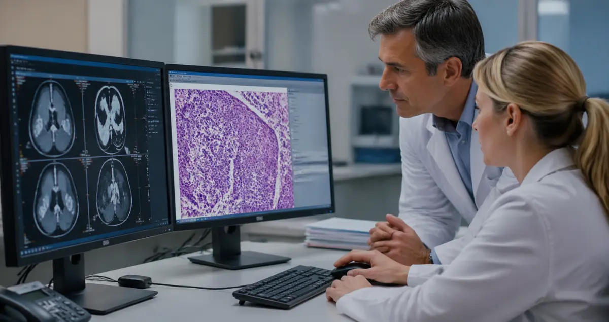 Pathologists reviewing brain scan imaging and tissue biopsy slide to compare diagnostic results