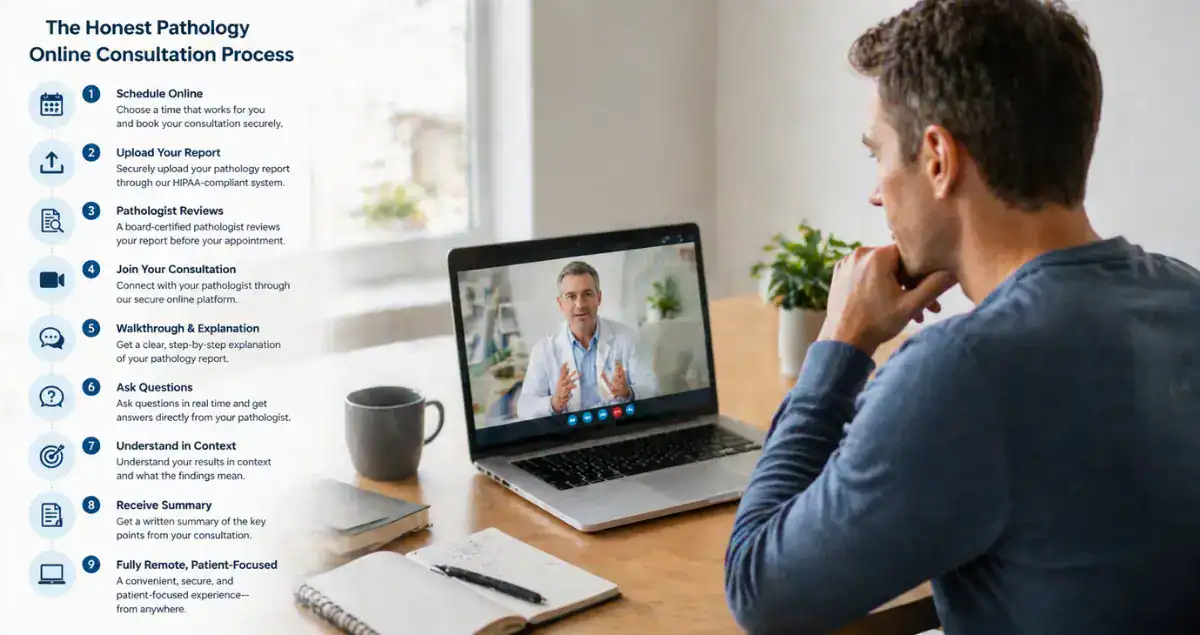 Step-by-step Honest Pathology online consultation process showing scheduling, upload, review, and video consultation