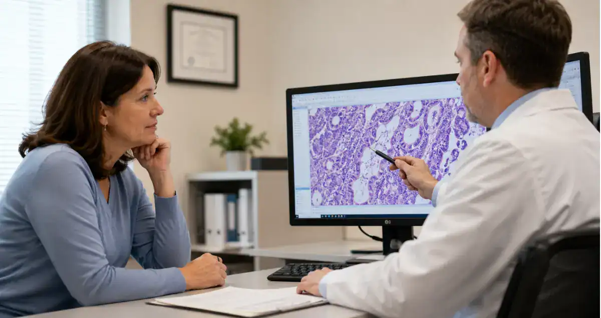 Doctor discussing pathology consultation findings with a patient during a treatment planning appointment at Honest Pathology