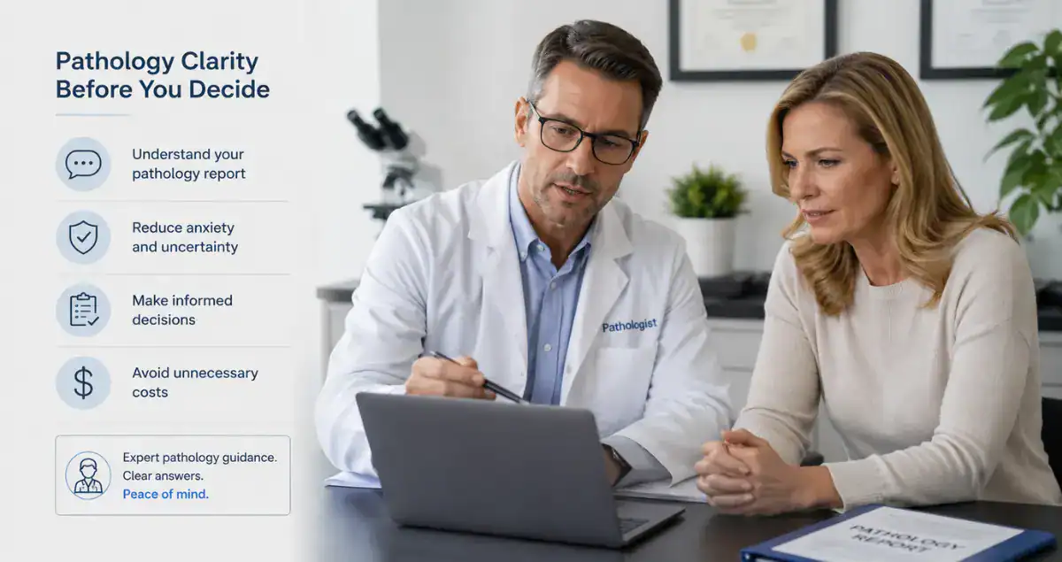 Pathologist explaining a cancer pathology report consultation to a patient at Honest Pathology