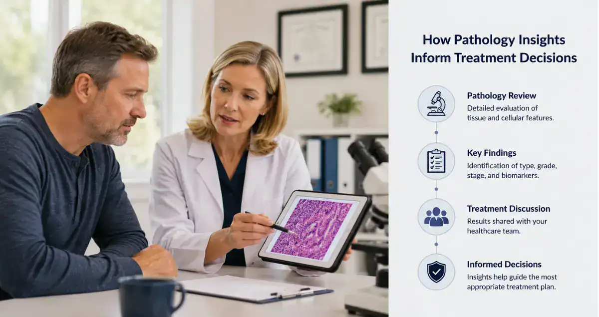 Pathologist explaining pathology review findings and treatment planning insights to a patient at Honest Pathology