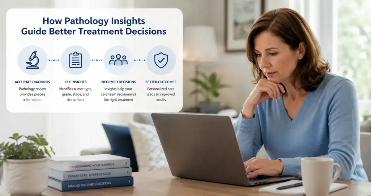 Patient reviewing pathology insights and treatment decision information on a laptop at home from Honest Pathology