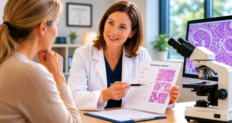 Pathologist discussing a pathology report with a patient during a consultation at Honest Pathology