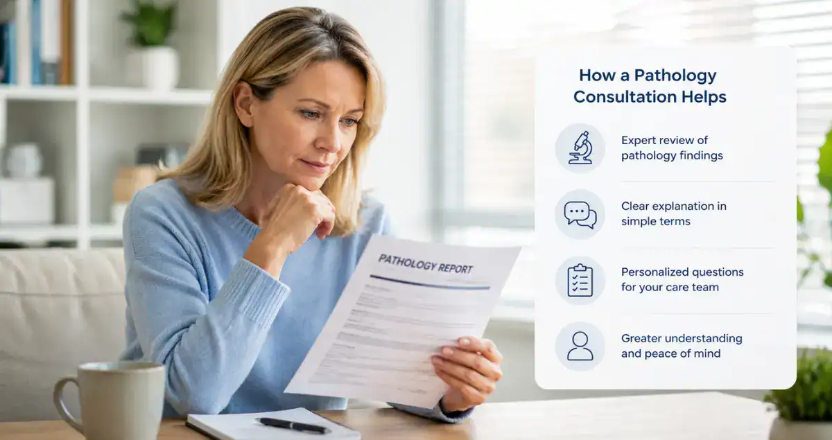 Patient reviewing a pathology report with key benefits of a pathology consultation displayed alongside at Honest Pathology