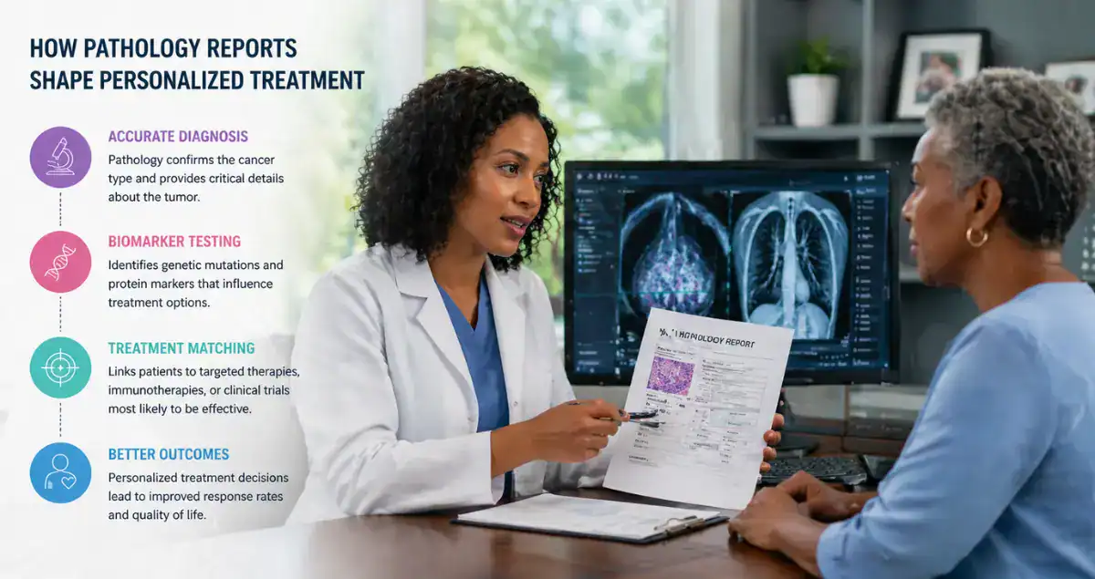 Doctor explaining pathology report and personalized treatment plan to patient with breast and lung cancer