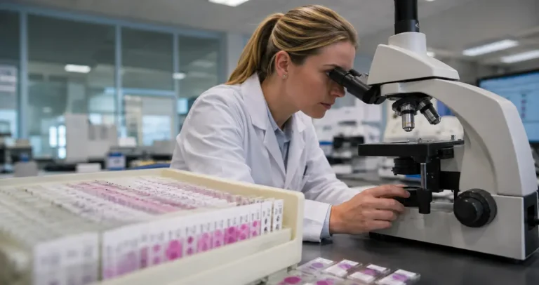 Pathologist reviewing biopsy slides under a microscope during a second opinion consultation at Honest Pathology