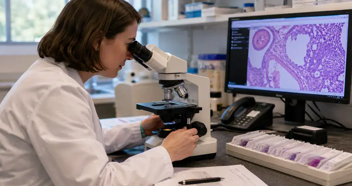 Pathologist reviewing biopsy slides under a microscope during a formal pathology second opinion at Honest Pathology