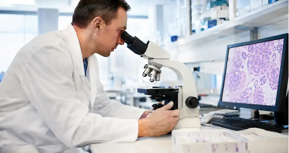 Pathologist reviewing tissue slides under a microscope in a modern laboratory for pathology consultation services at Honest Pathology