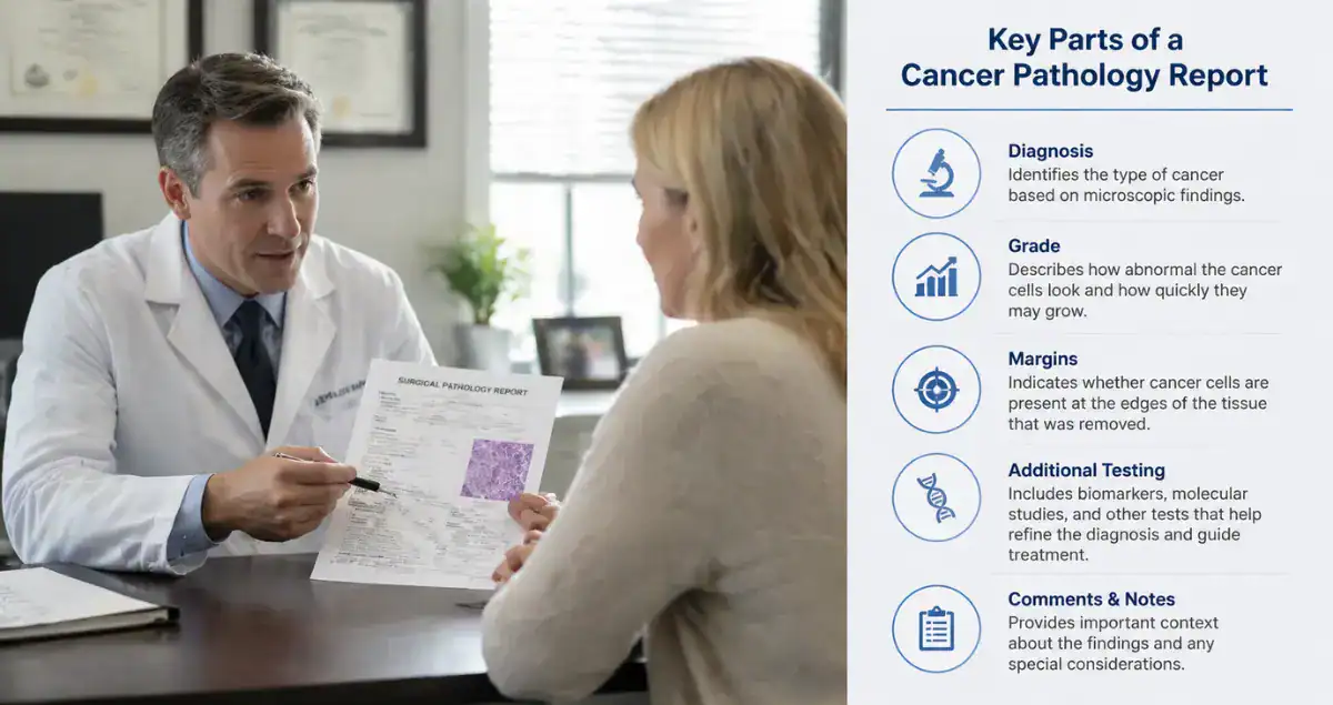 Pathologist explaining cancer pathology report sections to patient including diagnosis, grade, and margins