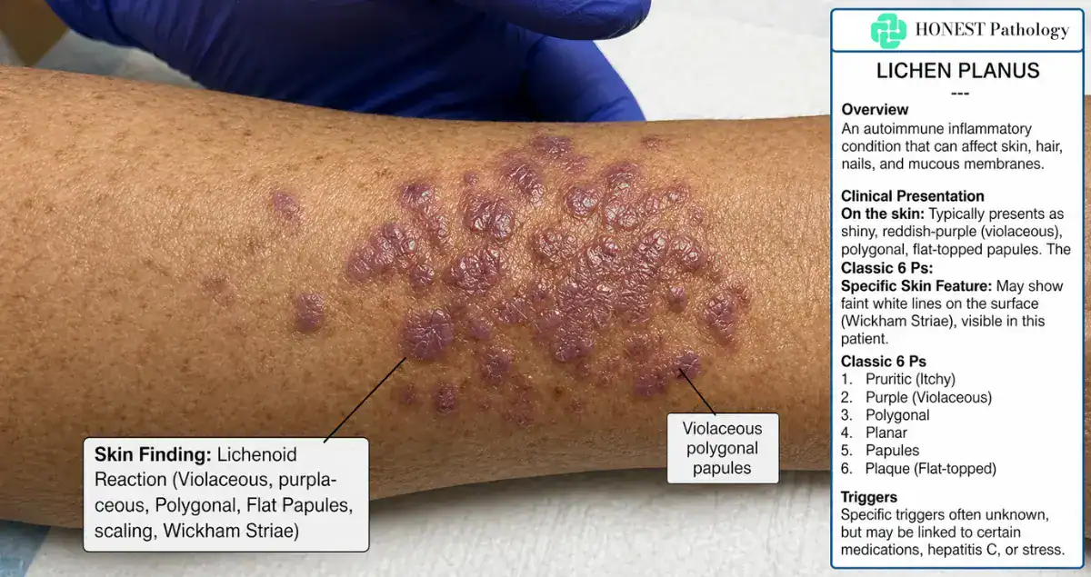 Lichen planus on the skin with purple flat-topped bumps