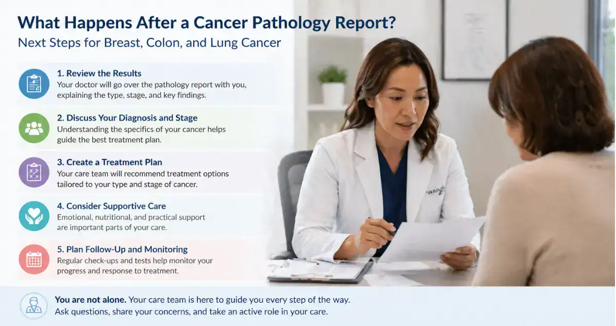 Infographic showing next steps after a cancer pathology report including diagnosis staging treatment and follow up care