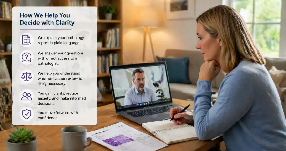 Patient attending online pathology consultation to understand report and decide on second opinion